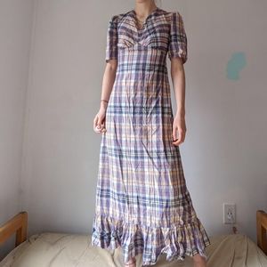 Vintage 70's Cottagecore Plaid Maxi Short Sleeve Ruffle Trim Dress
